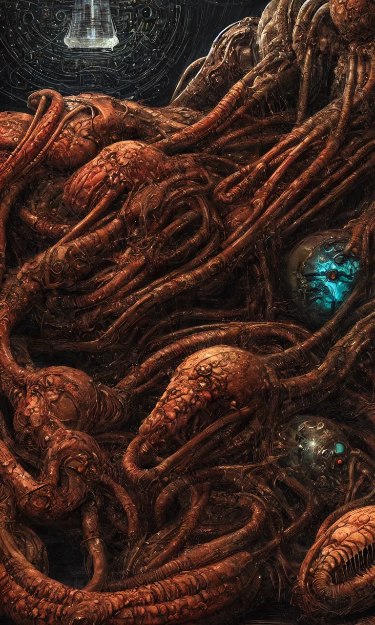 Image similar to Prometheus hibernation capsule biological sci-fi environment set close-up, hibernation capsule close-up, in a nightmarish universe of odd forms and somber tapestry, HR Giger and Vincent Di Fate, vivid color scheme, featured in artstation, octane render, cinematic, elegant, intricate, 8k