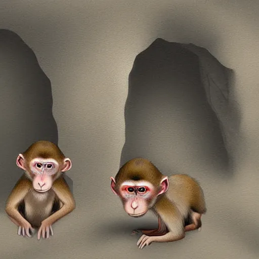 Image similar to two macaques looking at each other inside ancient cave, digital art, soft shadows, creepy art, drawn by shadman