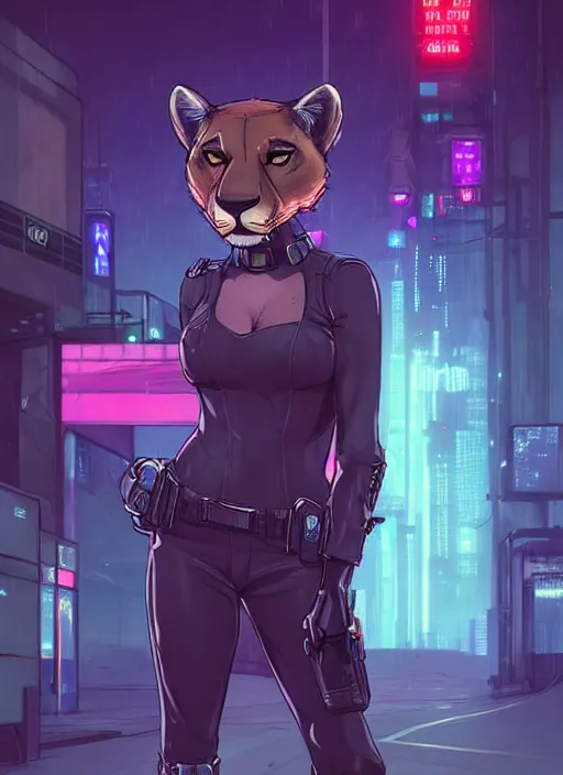 Prompt: beautiful portrait commission of a female furry anthro cougar fursona wearing a police uniform. Cyberpunk city at night in the rain. Neon light. Atmospheric. Character design by charlie bowater, ross tran, artgerm, and makoto shinkai, detailed, inked, western comic book art