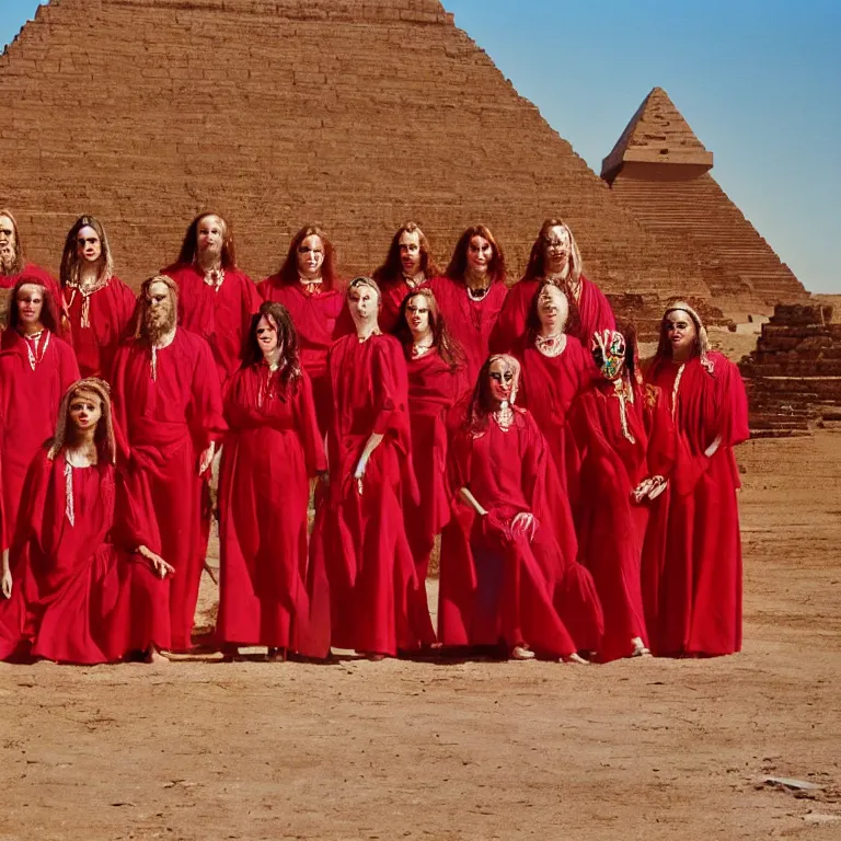 Image similar to photo group portrait of members of esoteric cult in front of red pyramids, restored ektachrome vivid color hyper realistic and detailed, wear red tunics and gold mask and jewels