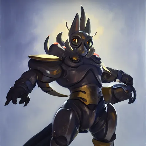 Image similar to greg manchess portrait painting of partially armored umbreon as overwatch character, medium shot, asymmetrical, profile picture, organic painting, sunny day, matte painting, bold shapes, hard edges, street art, trending on artstation, by huang guangjian, gil elvgren, ruan jia, greg rutkowski, gaston bussiere