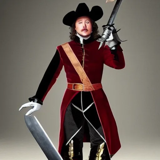 Image similar to full body photo of elon musk as a musketeer, he has a big black hat and holds a shiny sword