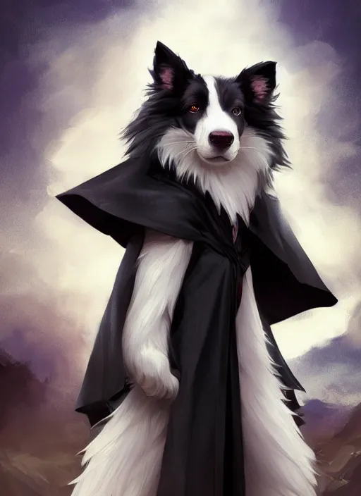 Image similar to beautiful wide angle full body portrait of a cute male anthropomorphic anthro border collie fursona wearing black robes at a theme park, character design by charlie bowater, henry asencio, and ross tran, scenic background, detailed, glamor pose, aesthetic, trending on artstation, furaffinity, deviantart