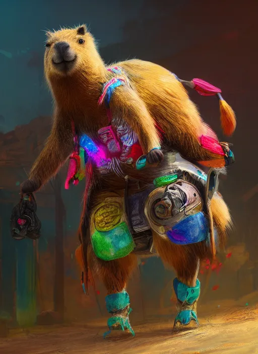 Prompt: detailed full body concept art illustration colorful pastel painting of an anthropomorphic capybara cowboy in full intricate clothing, biomutant, ultra detailed, digital art, octane render, 4K