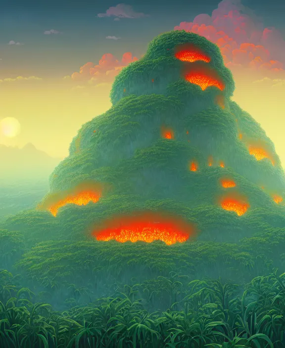 Image similar to simplicity, an simple structure made out of exotic fungus, overgrown with lush floral jungle, partly cloudy, hellscape, hell, fire, brimstone, lava, by dan mumford, yusuke murata, makoto shinkai, ross tran, cinematic, unreal engine, cel shaded, featured on artstation, pixiv