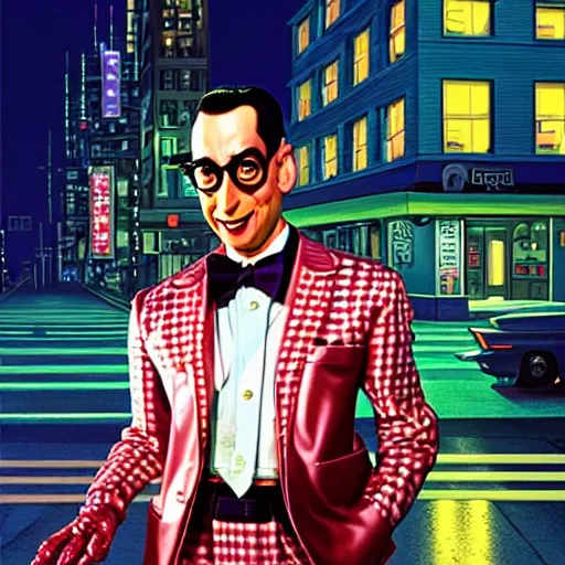 Image similar to Portrait of pee-wee herman as a chrome cyborg, city street at night, highly detailed, digital painting, artstation, concept art, illustration, dramatic lighting, art by syd mead and hajime sorayama