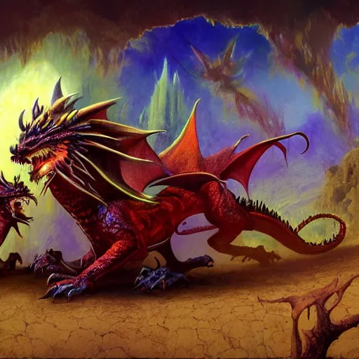 Prompt: vibrant dragon raiding party in a desert landscape, digital painting, by seb mckinnon and frank frazetta