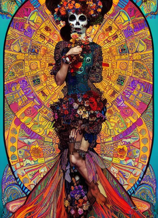 Image similar to realistic detailed psychedelic poster art of a cute punk goth fractal Día de los Muertos girl posing by Victor Moscoso Rick Griffin Alphonse Mucha Gustav Klimt, masterpiece