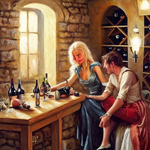 Image similar to (Boba Fett) and a beautiful young blonde drinking beer in a wine cellar, food, meat, schnapps, torches on the wall, romantic, inviting, cozy, painting by Vladimir Volegov