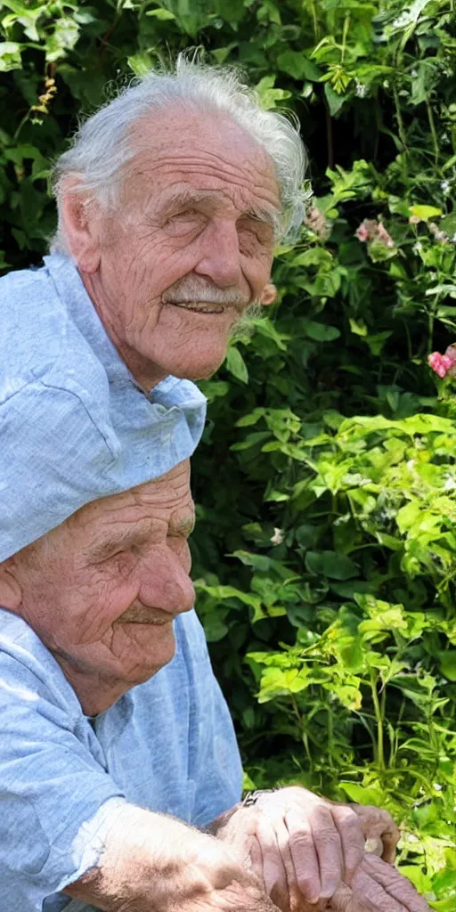 Prompt: Funny photo of a grandfather in the garden squinting at the camera because of the sun, low quality