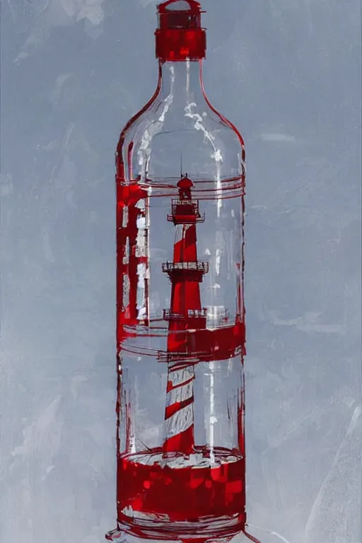 Prompt: a red and white lighthouse inside a clear bottle, very fancy whiskey bottle, intricate concept painting by yoshitaka amano, daytoner, greg tocchini