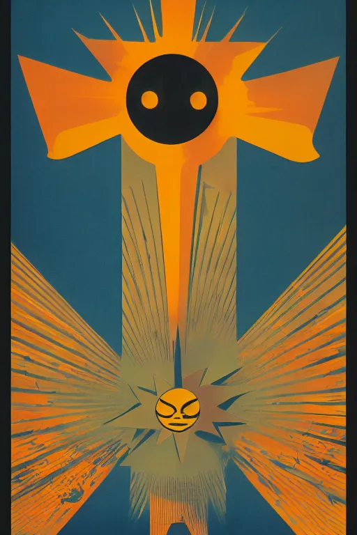 Prompt: poster of the sun, 1 9 5 0 s style, futuristic design, dark, symmetrical, washed out color, centered, art deco, 1 9 5 0's futuristic, glowing highlights, intense