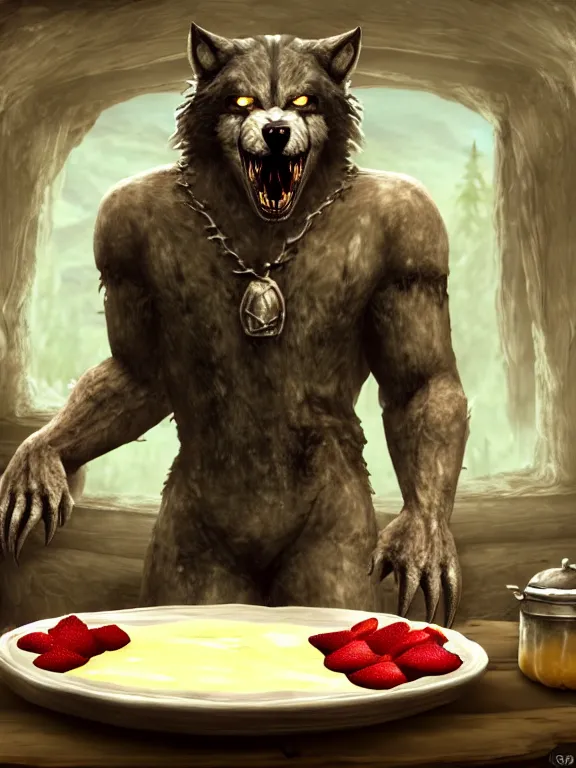 Image similar to cute handsome cuddly burly surly relaxed calm timid werewolf from van helsing sitting down at the breakfast table in the kitchen of a normal country home cooking having fun lighthearted whimsy whimsical baking strawberry tart cakes unreal engine hyperreallistic render 8k character concept art masterpiece screenshot from the video game the Elder Scrolls V: Skyrim