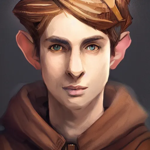 Prompt: A portrait of a adolescent male half-elf wizard who is tall and slim, focus on face, short brown hair, smiling, wizard robes, staff, sharp focus, highly detailed, photograph, cinematic, dynamic lighting, trending on artstation, digital painting, in the style of Chris Ostrowski