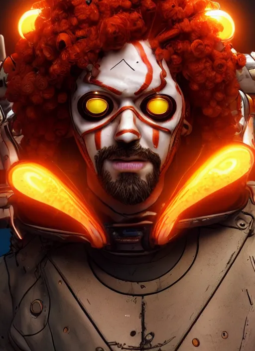 Image similar to glowwave portrait of curly orange hair man from borderlands 3, au naturel, hyper detailed, digital art, trending in artstation, cinematic lighting, studio quality, smooth render, unreal engine 5 rendered, octane rendered, art style by klimt and nixeu and ian sprigger and wlop and krenz cushart.