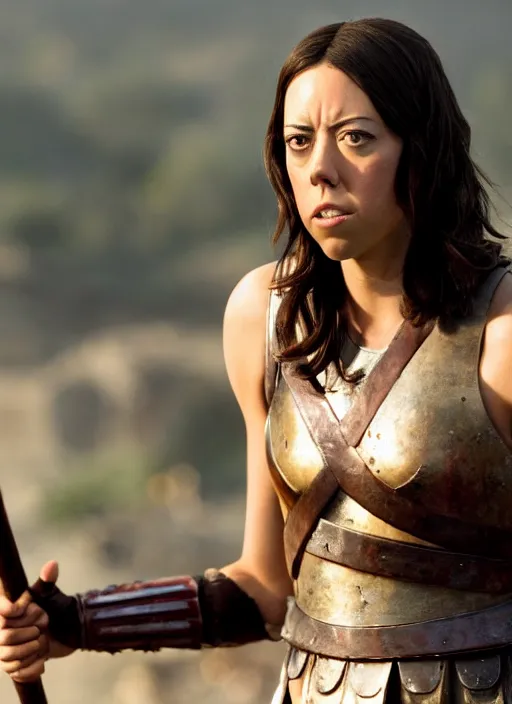 Image similar to film still of aubrey plaza as leonidas in 3 0 0 movie, 8 k