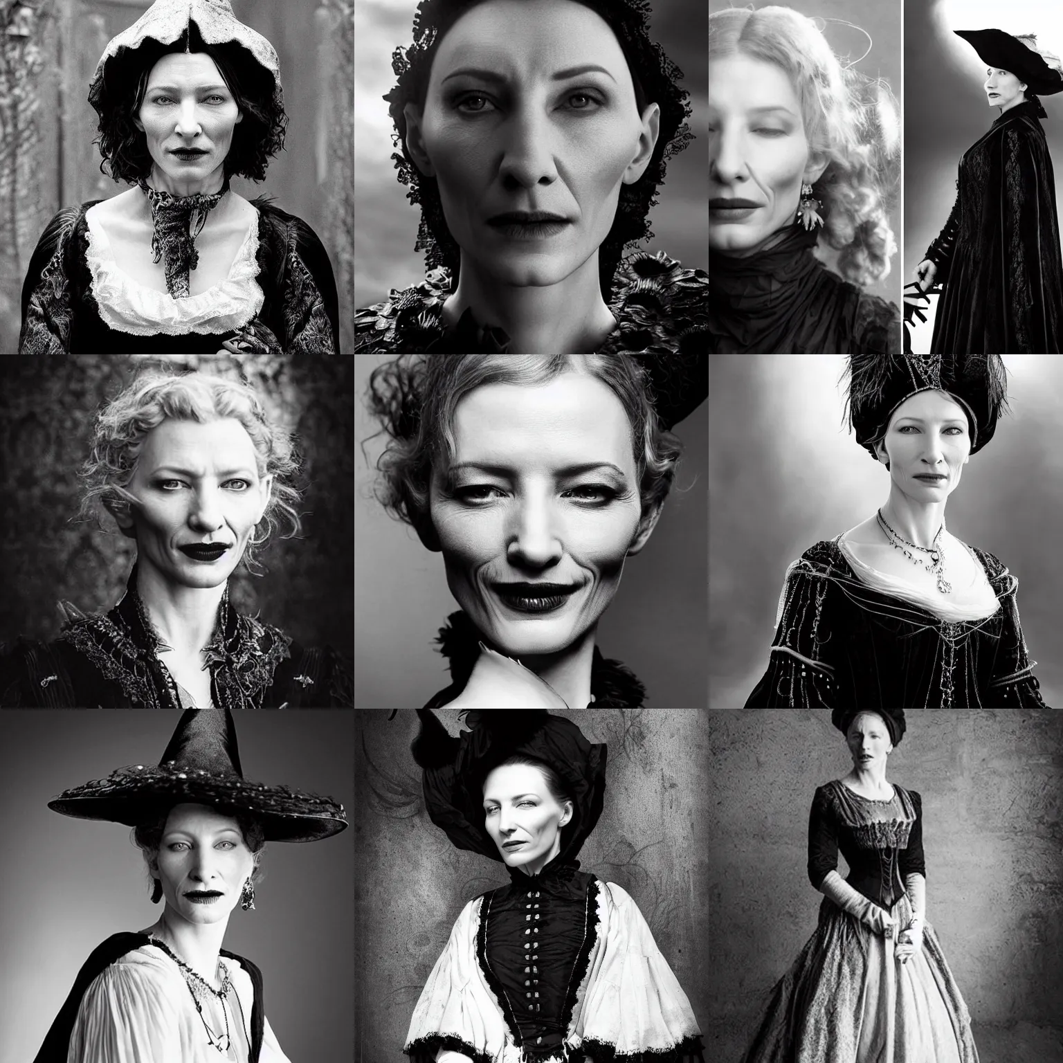 Prompt: humpbacked, 19th century witch looks similar to Cate Blanchett, dressed in a black, cinematic lighting, highly detailed, black-and-white, realistic, antique photography