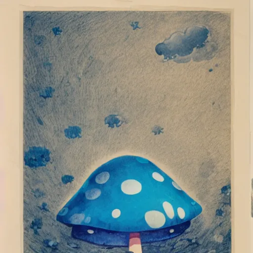 Image similar to A girl sleeping under a giant blue toadstool, raining, somber, high detail,