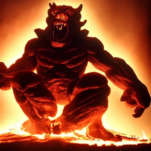 Image similar to balrog from lord of the rings sitting inside an office while it is burning