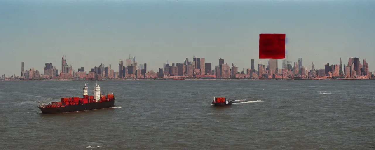 Image similar to a cargo ship transporting spaghetti in hudson river, background of the statute of liberty, canon 5 0 mm, photography, film, kodachrome