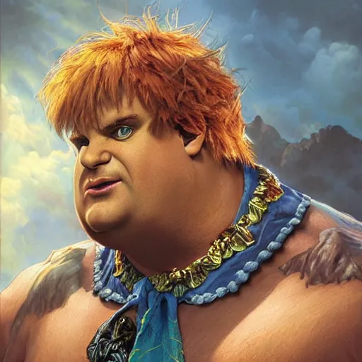 Image similar to chris farley as blanka from street fighter, squatting, ultra realistic, concept art, intricate details, eerie, highly detailed, photorealistic, octane render, 8 k, unreal engine. art by artgerm and greg rutkowski and magali villeneuve and alphonse mucha