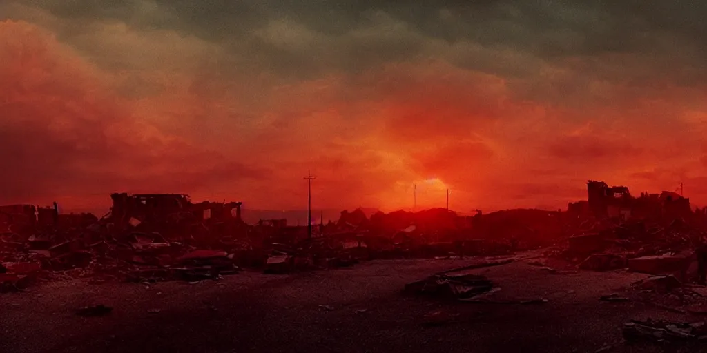 Image similar to a film still landscape by roger deakins - a destroyed city, 3 5 mm lens, early morning, dramatic lighting, cinematography, sunset red and orange, cinematic, global illumination, highly detailed, photorealistic