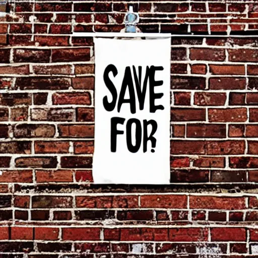 Image similar to huge poster “Save Us From Scissors”, on a brick wall