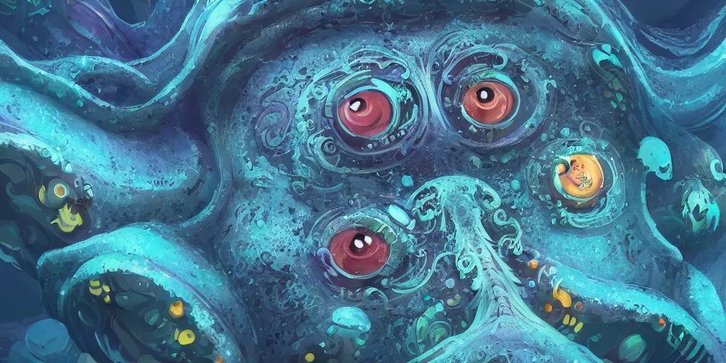 Image similar to of an intricate deep sea with strange cute friendly happy creatures with huge eyes, long tongue, round teeth and goofy funny face, appearing from the background, in the style of gehry and gaudi, macro lens, shallow depth of field, ultra detailed, digital painting, trending artstation, concept art, illustration, cinematic lighting, photorealism, epic, octane render