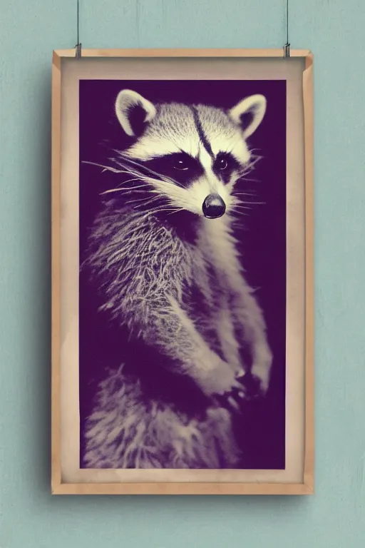 Prompt: purple stelar raccoon inspired vintage photograph