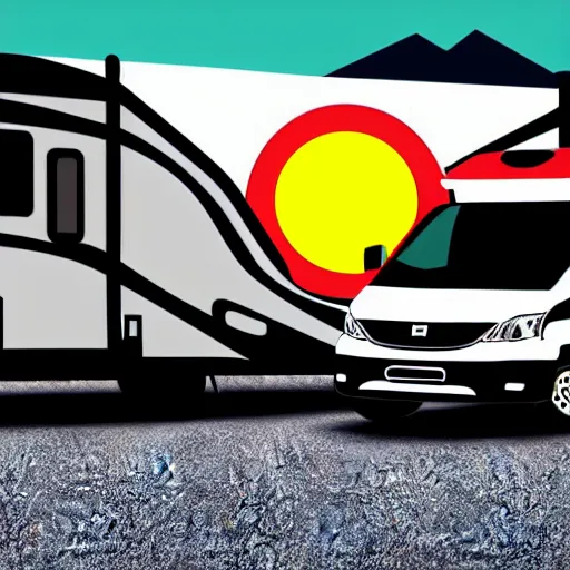 Prompt: logo, white and black cute thor chateau motorhome camper, highway, mountains and sunset!!, everything enclosed in a circle, happy, professional colorful logo illustration