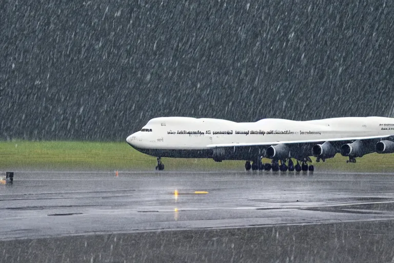 Prompt: detailed photo of a boeing 7 4 7 landing at a 4 5 degree angle, on a runway in heavy rain and wind, photo from a spectator, 8 k, natural lighting