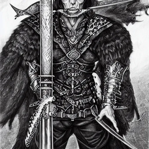 Image similar to arnold swarchenegger with giant sword, intricate detailed dark fantasy art by kentaro miura