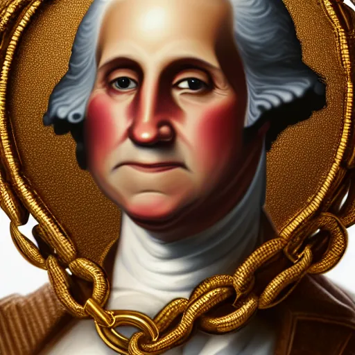 Prompt: a closeup photorealistic illustration of a happy George Washington holding wearing a chain around his neck with a small gold Doubloon coin as a necklace. This 4K HD image is Trending on Artstation, featured on Behance, well-rendered, extra crisp, features intricate detail and the style of Unreal Engine.