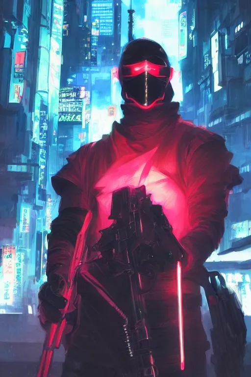 Image similar to portrait of ninja slayer, japan, in cyberpunk, neon lighting, night city, digital art from artstation by Ruan Jia and Mandy Jurgens and Artgerm and william-adolphe bouguereau and Greg Rutkowski