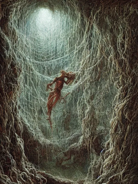 Image similar to A detailed painting of cobweb hanging on the eldritch forest cave,ethereal,maximalism,glittering,by Gustave Doré and peter gric,Trending on artstation