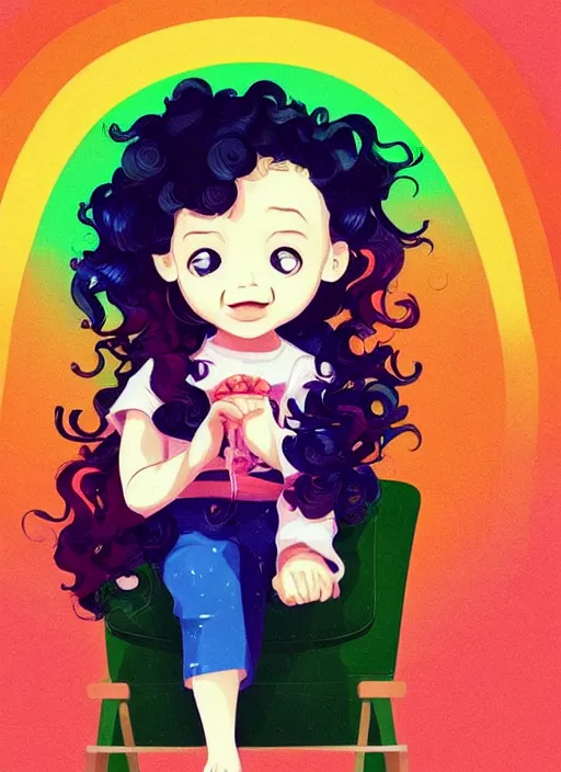 Image similar to a little girl with wavy curly rainbow hair sitting in an armchair. clean cel shaded vector art. shutterstock. behance hd by lois van baarle, artgerm, helen huang, by makoto shinkai and ilya kuvshinov, rossdraws, illustration, art by ilya kuvshinov