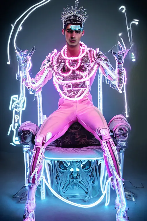 Image similar to full-body rococo and cyberpunk style neon statue of a muscular attractive Zayn Malik macho dotado e rico android sim roupa reclining con las piernas abertas e la piroca dura, glowing white laser eyes, prince crown of pink gears, diamonds, swirling silver-colored silk fabric. futuristic elements. full-length view. space robots. human skulls. intricate artwork by caravaggio. Trending on artstation, octane render, cinematic lighting from the right, hyper realism, octane render, 8k, depth of field, 3D