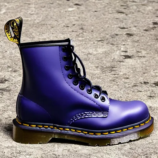 Image similar to a battered old pair of Dr martens boots, boots are blue, laces are multicoloured