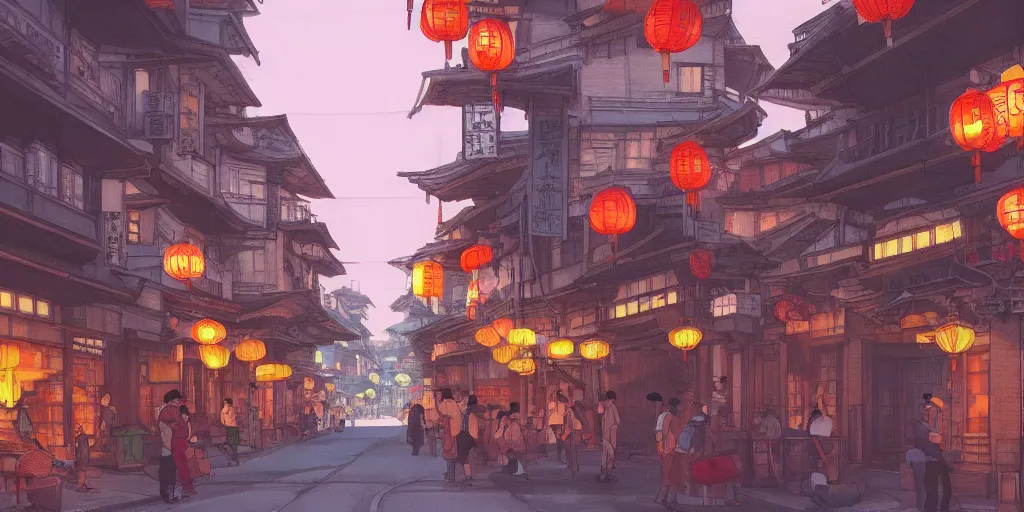 Image similar to a quiet chinatown street, evening, highly detailed, low angle view, studio ghibli, artstation