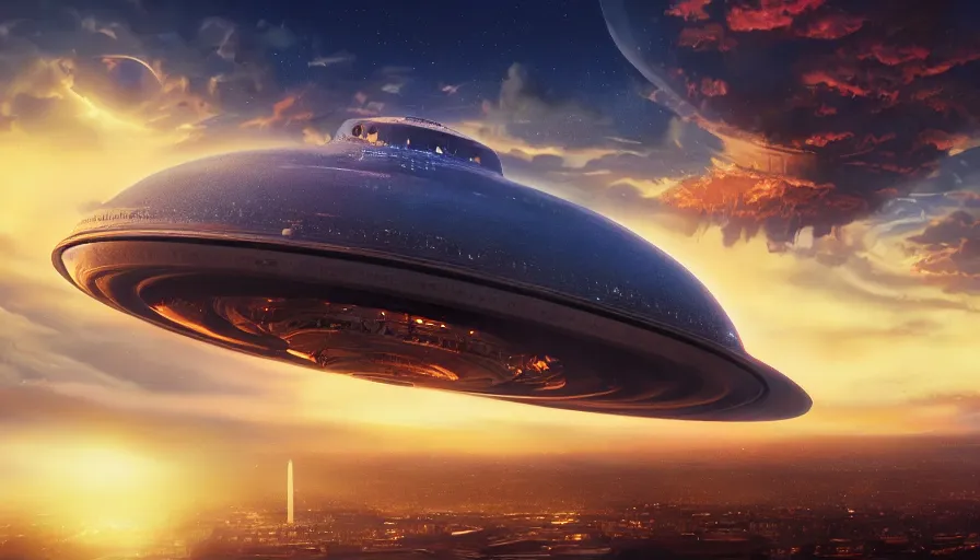 Prompt: gigantic ufo upon washington dc, sky on fire, hyperdetailed, artstation, cgsociety, 8 k