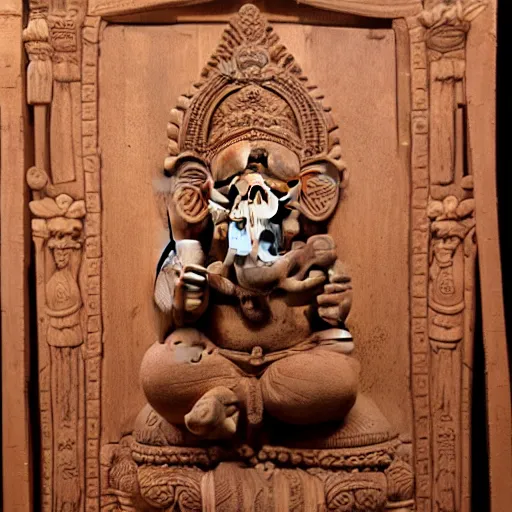 Image similar to A large. ancient wood sculpture of Ganesh, shot on canon camera, shot on 16mm film, hyper-realistic, photo