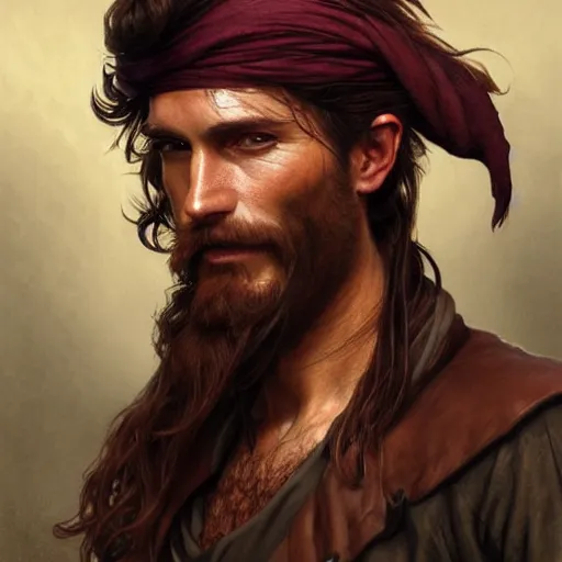 Image similar to portrait of a young ruggedly handsome but cantankerous pirate, male, masculine, upper body, red hair, long hair, d & d, fantasy, bashful smirk, intricate, elegant, highly detailed, digital painting, artstation, concept art, matte, sharp focus, illustration, art by artgerm and greg rutkowski and alphonse mucha