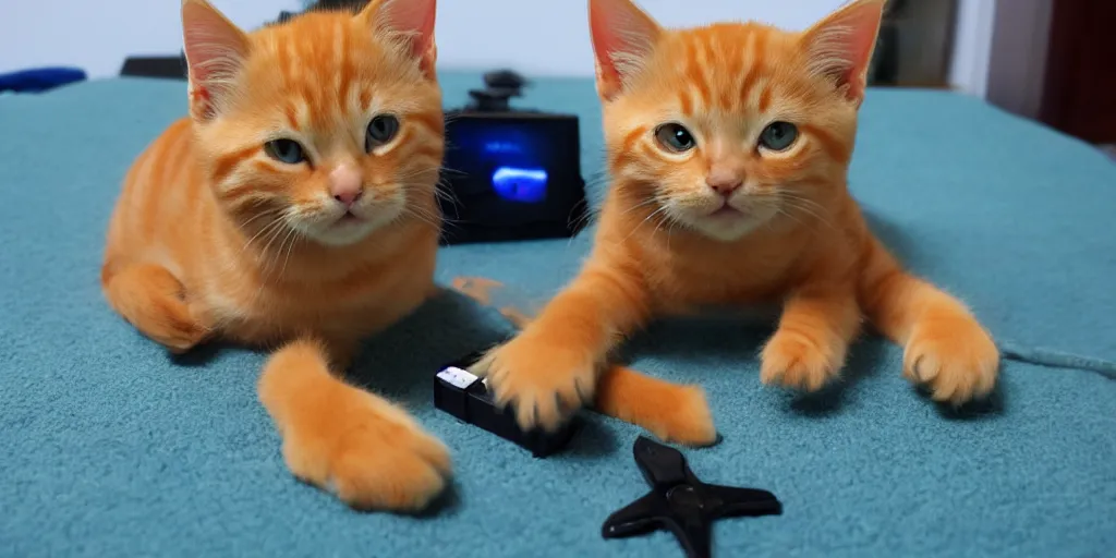 Image similar to an orange tabby kitten playing video games by richard scary