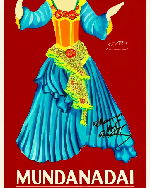 Image similar to an advertising poster of a andalusian flamenco dancer marin doll, retro style of andalusian fair poster