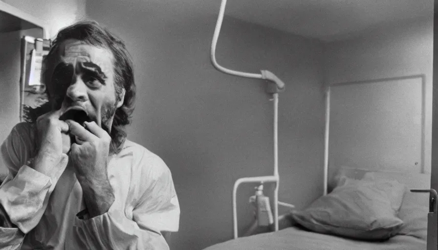 Image similar to 70s movie still of a man yelling with trypophobia mouth in hospital, eastmancolor, heavy grain, high quality, higly detailed, liminal space