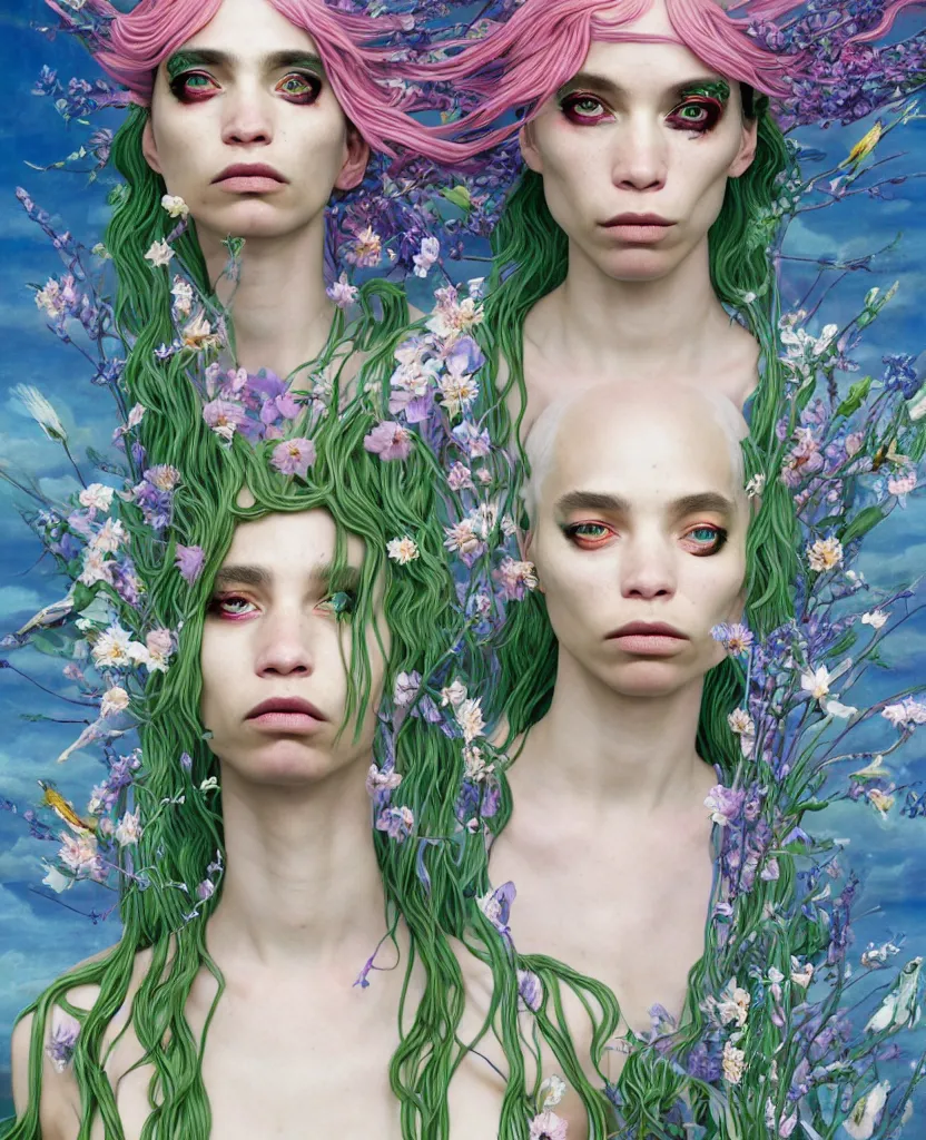 Prompt: 1 figure!!!!!!, the non-binary deity of Spring, resembling a mix of Grimes, Aurora Aksnes, and Zoë Kravitz, in a style blend of Botticelli, Möbius and Æon Flux, the figure is made out of spring flora and fauna, surrealism, stunningly detailed artwork, hyper photorealistic 4K, stunning gradient colors, very fine inking lines