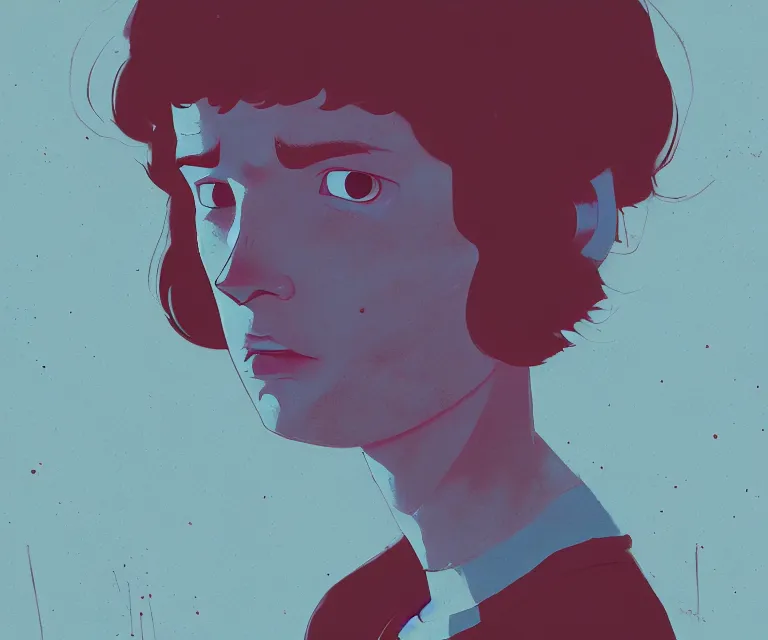 Image similar to stranger things, naturel, art style by atey ghailan, greg rutkowski, greg tocchini, james gilleard, joe gb fenton, in kaethe butcher, dynamic lighting, gradient light blue, brown, blonde cream and white color in scheme, grunge aesthetic