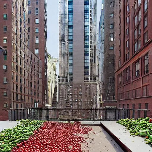 Image similar to 2 0 w 3 4 th st., new york, ny 1 0 0 0 1, united states destroyed by falling tomatoes photo realistic