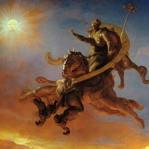 Prompt: Tragic Portrait of Phaethon the Demigod losing control of the chariot chariot that is the sun careening through the zodiac filled stratosphere Ilya Repin Michelangelo Buonarotti Leonardo Da Vinci rodin greg rutkowski james gurney tombow masterpiece fresco quadratura Trompe-lœil