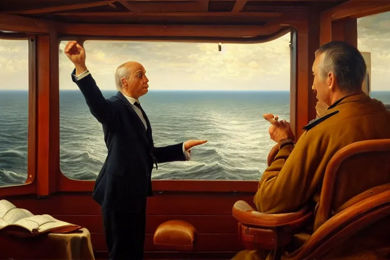 Prompt: ( ( a beautiful 8 k photorealistic masterpiece oil painting ) ( of ( a man lecturing on navigation while the ship is going down ) ) ( hyperrealism ) ( 1 6 k ) ( trending on artstation )